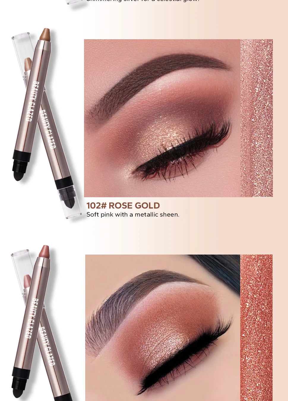 VaultHaus dual-ended highlighter eyeshadow pencil pearlescen in rose gold showing soft metallic pink eye makeup