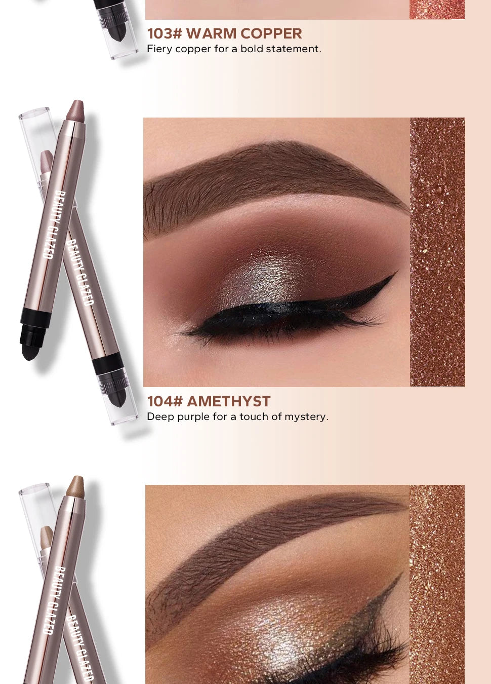 VaultHaus dual-ended highlighter eyeshadow pencil pearlescen in Amethyst shade applied on eyelid with deep purple and shimmer