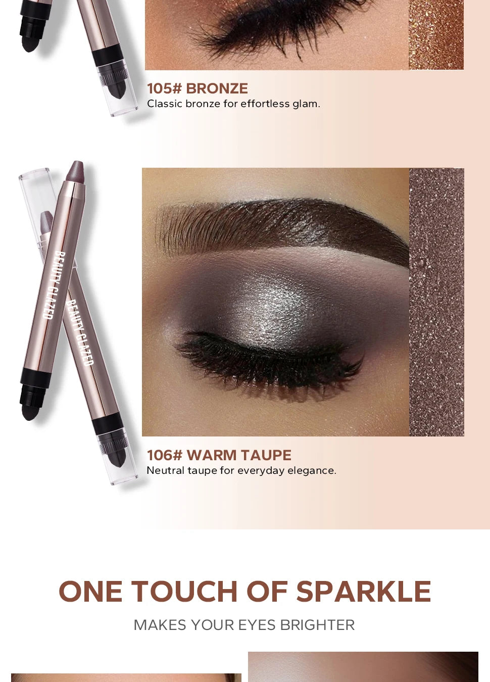 VaultHaus dual-ended highlighter eyeshadow pencil pearlescen in bronze and warm taupe shades with close-up eye makeup swatches