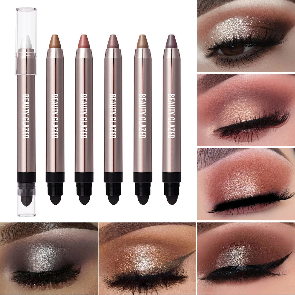 VaultHaus Dual-ended highlighter eyeshadow pencil pearlescen set with six shades and eye makeup examples