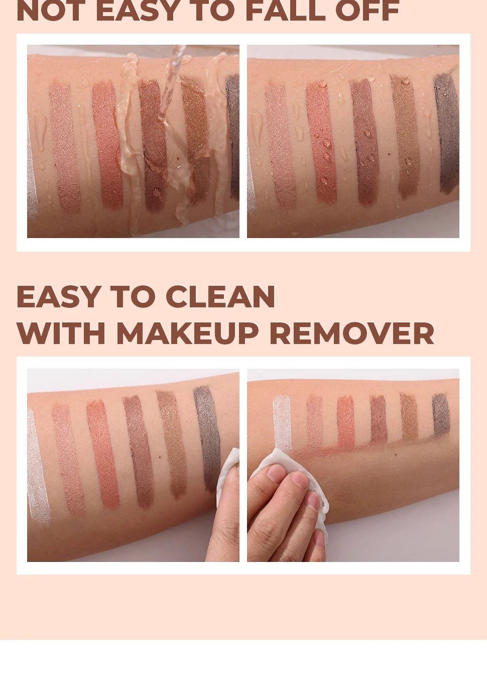 Swatches of dual-ended highlighter eyeshadow pencil pearlescen on arm showing water resistance and easy makeup remover cleaning
