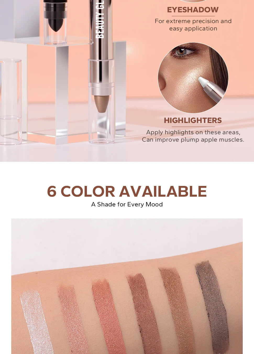 VaultHaus Dual-ended highlighter eyeshadow pencil pearlescen with six available shades shown on arm