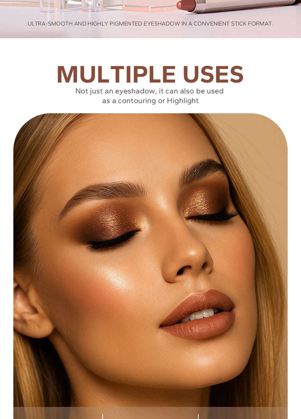 VaultHaus dual-ended highlighter eyeshadow pencil pearlescen applied on woman with bronze eye makeup and glowing skin