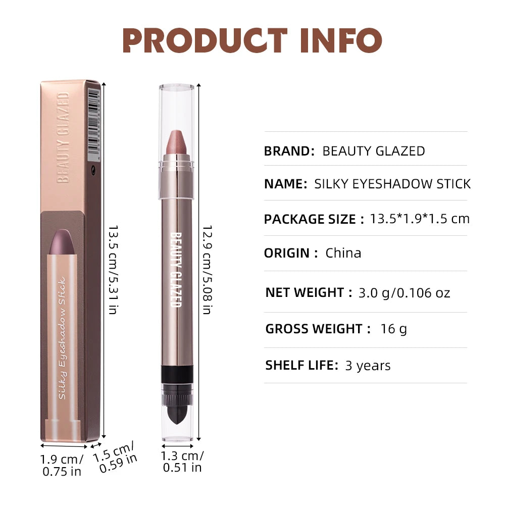Dual-ended highlighter eyeshadow pencil pearlescen with sleek packaging and detailed product info