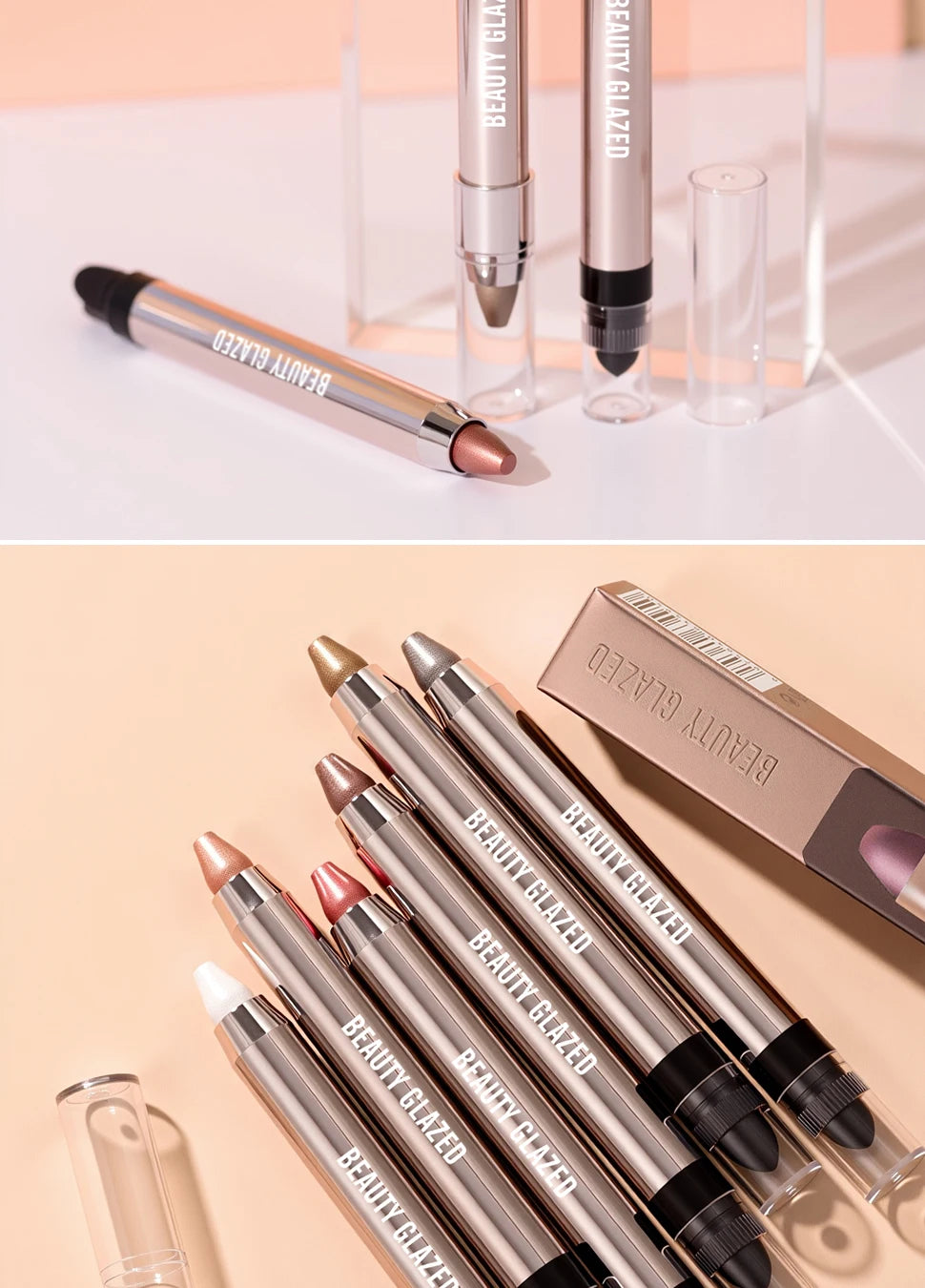 VaultHaus dual-ended highlighter eyeshadow pencil pearlescen with metallic shades and clear caps for versatile eye makeup