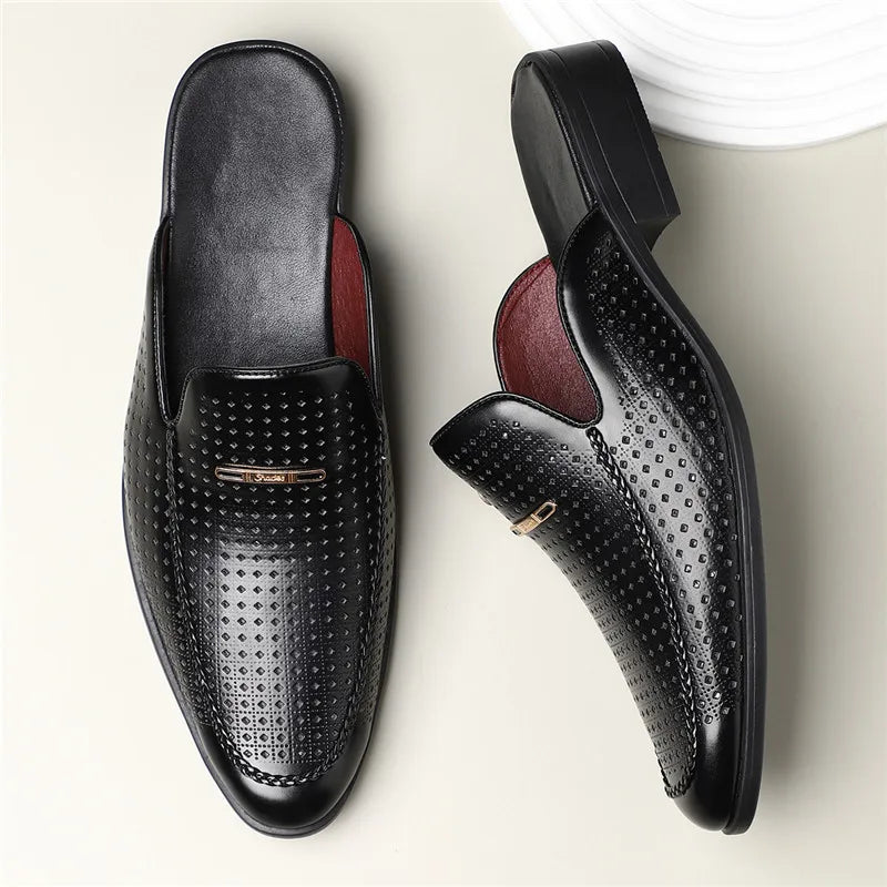 VaultHaus breathable patent leather mules in black with perforated design and slip-on style