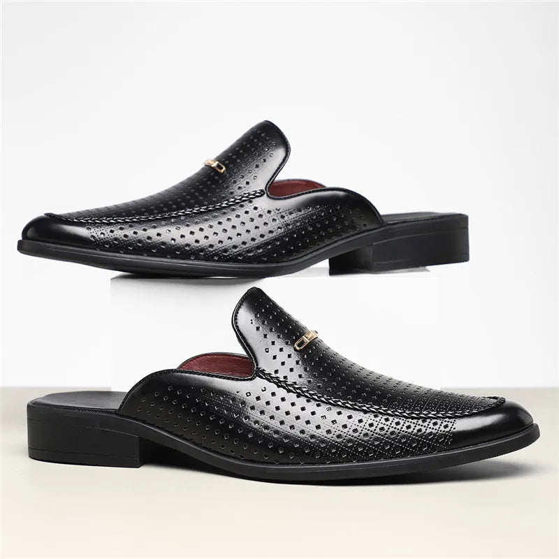VaultHaus black breathable patent leather mules with perforated design and gold accent detail
