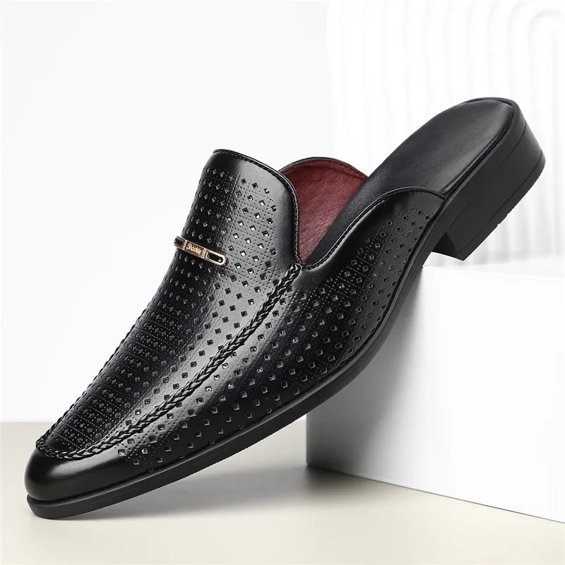 VaultHaus black breathable patent leather mules with perforated design and low heel for stylish comfort