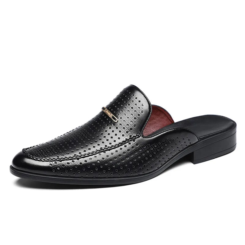 VaultHaus breathable patent leather mules in black with perforated detailing and slip-on design