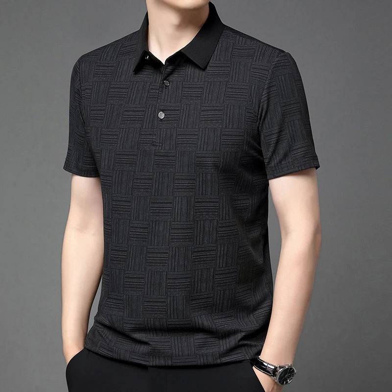 VaultHaus sleek black business casual polo for men with textured pattern and contrasting collar