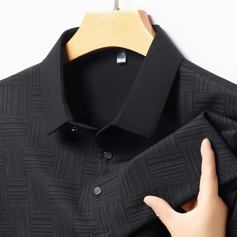 VaultHaus business casual polo for men in black with textured fabric and button details