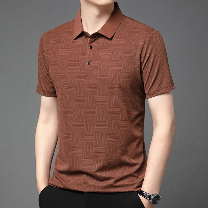 VaultHaus Business Casual Polo for Men in Brown with Textured Pattern for Stylish Office Wear