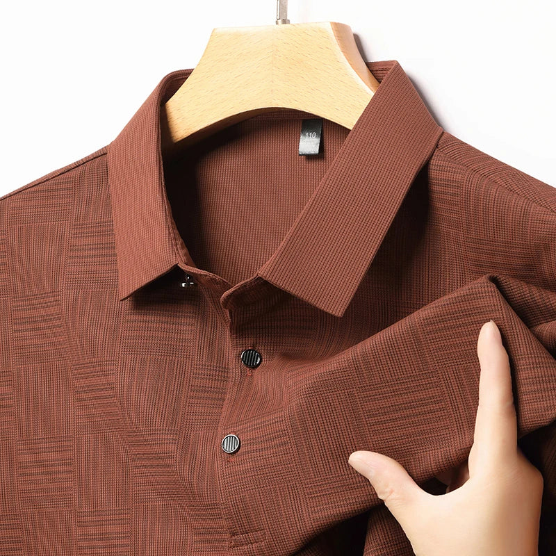 stylish brown business casual polo for men with modern collar and button details