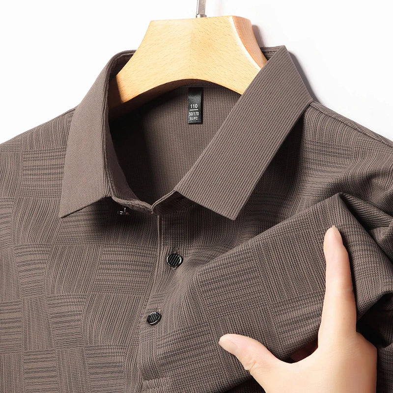 VaultHaus Brown Textured Business Casual Polo for Men with Button Closure and Stylish Collar