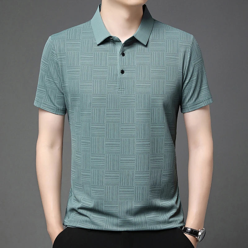 Stylish VaultHaus business casual polo for men in green with a subtle pattern and a classic fit