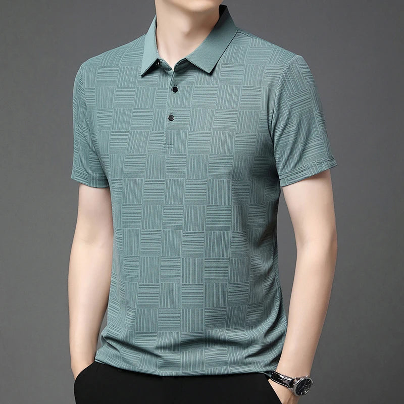 Stylish green textured business casual polo for men with a modern fit and short sleeves