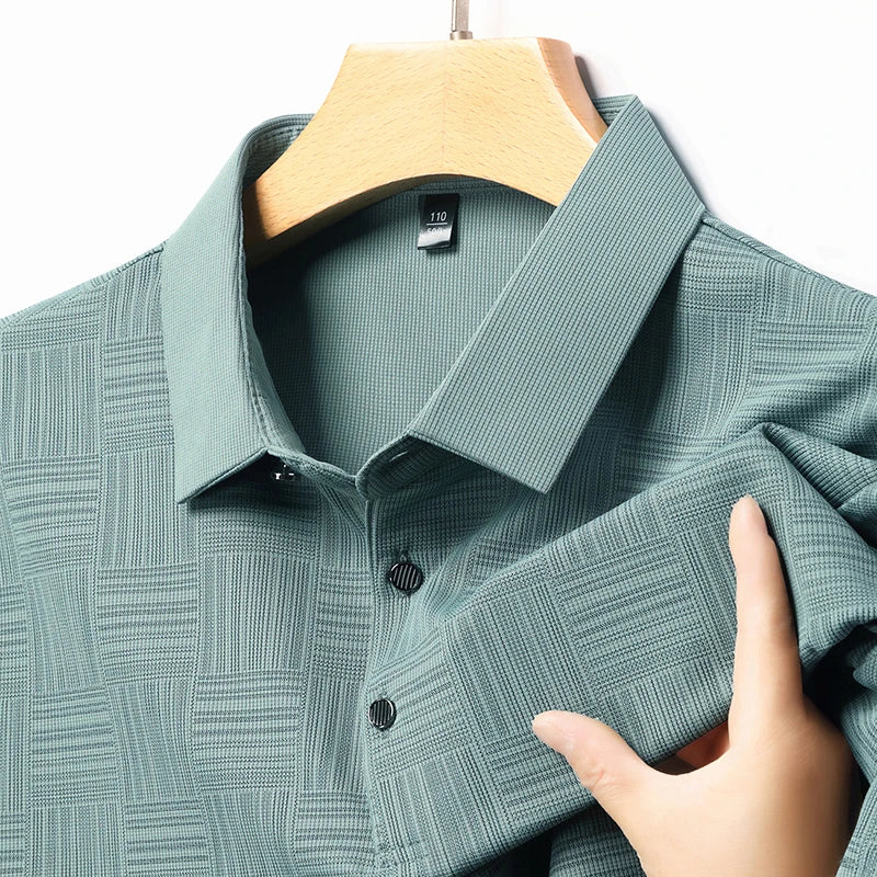 VaultHaus business casual polo for men in textured green fabric with button details