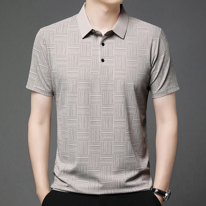 VaultHaus business casual polo for men in neutral tone with a stylish patterned design