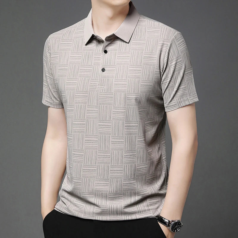 VaultHaus business casual polo for men in beige with a stylish textured pattern