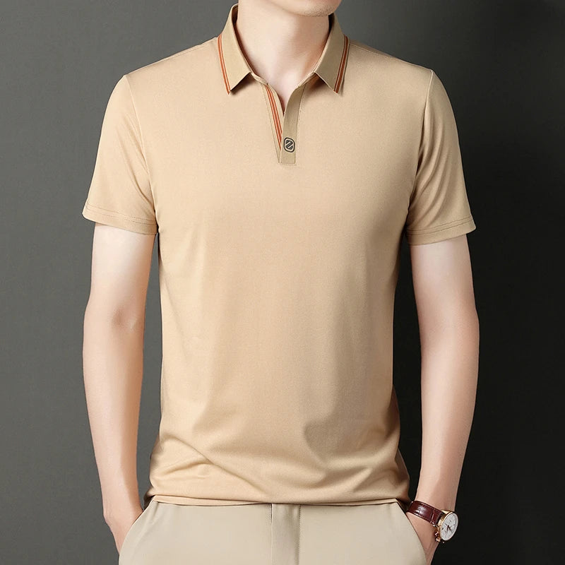 VaultHaus Business Casual Polo Top in Beige with Contrasting Collar for Stylish Office Wear