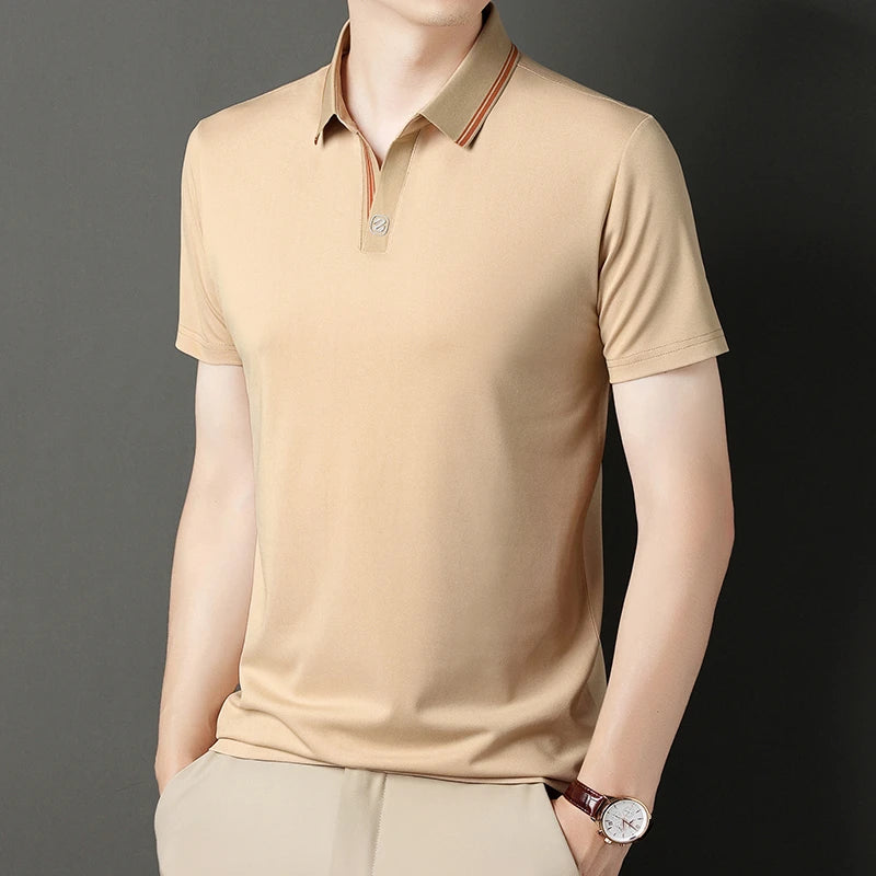 Tan VaultHaus business casual polo top with a stylish collar and slim fit for versatile wear