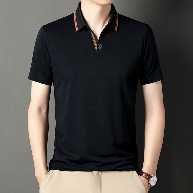 VaultHaus Men's Black Business Casual Polo Top with Contrast Collar for Stylish Office Wear