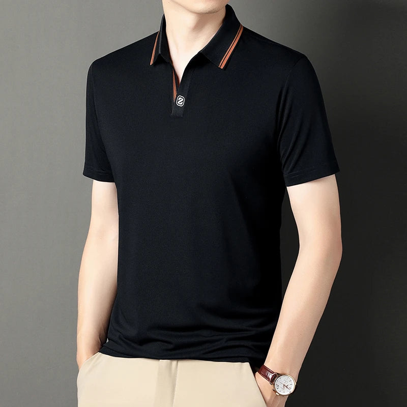 Men's black VaultHaus business casual polo top with stylish collar and comfortable fit