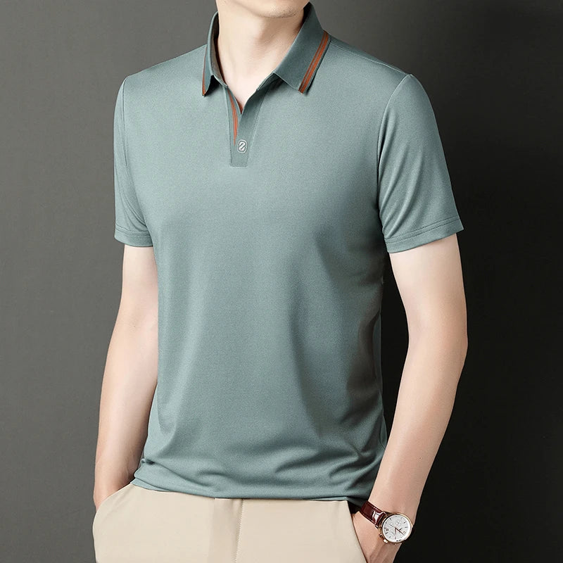 Stylish VaultHaus business casual polo top in green with contrasting collar for a polished look