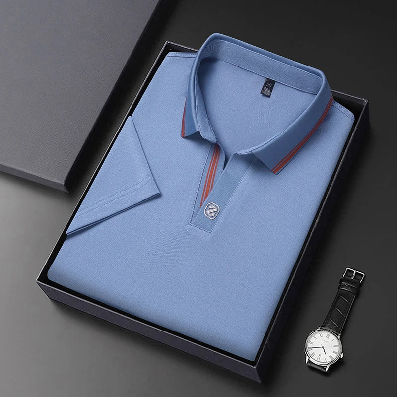 VaultHaus Business Casual Polo Top in Light Blue with Red Accents and Elegant Packaging