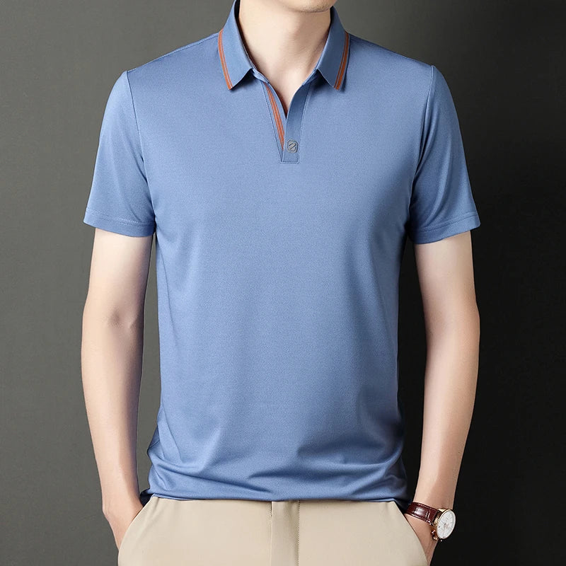 VaultHaus business casual polo top in blue with stylish contrasting collar for a polished look