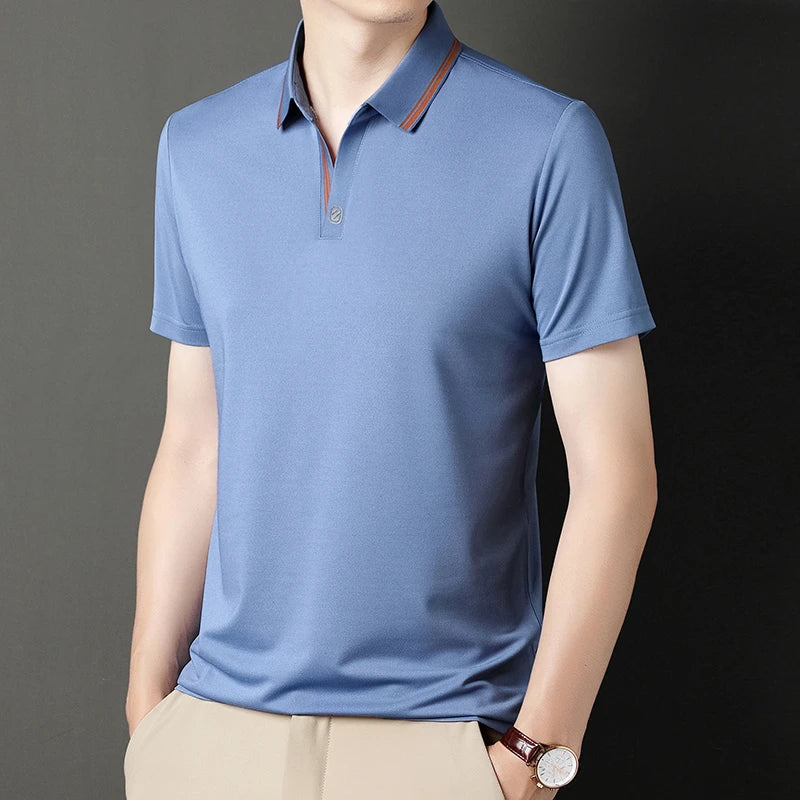 Stylish VaultHaus business casual polo top in blue with contrast collar for modern office wear