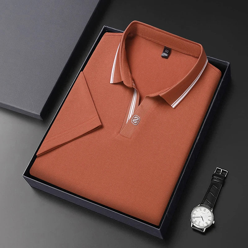 VaultHaus Business Casual Polo Top in Rust Color, Folded and Packed with a Watch