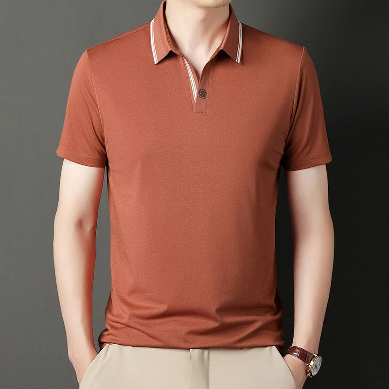 VaultHaus business casual polo top in brown with contrasting collar for a polished look