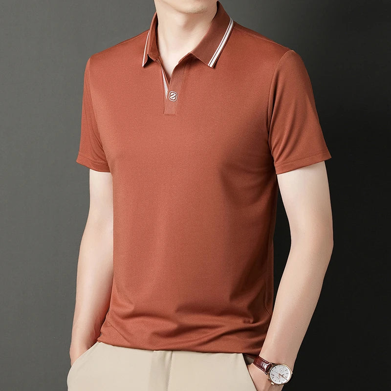 VaultHaus business casual polo top in brown with a modern fit and stylish collar details