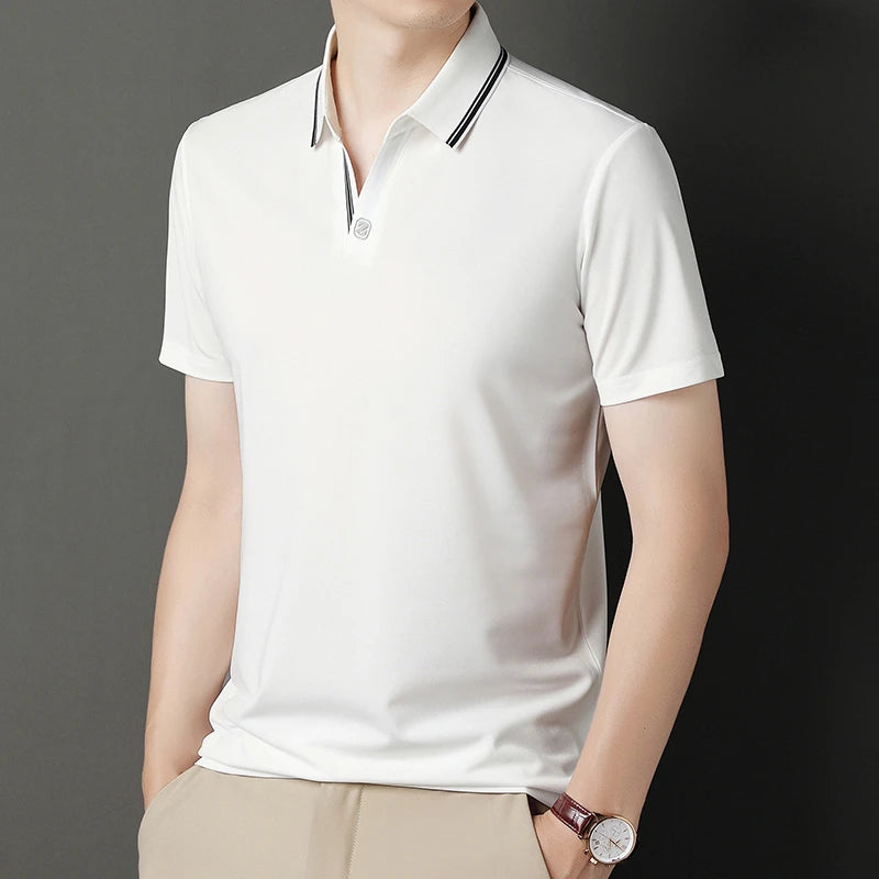Stylish white business casual polo top from VaultHaus with contrasting collar details