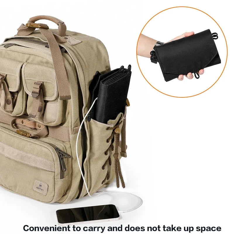 VaultHaus camping portable solar panel charger folded compactly next to beige backpack with phone charging