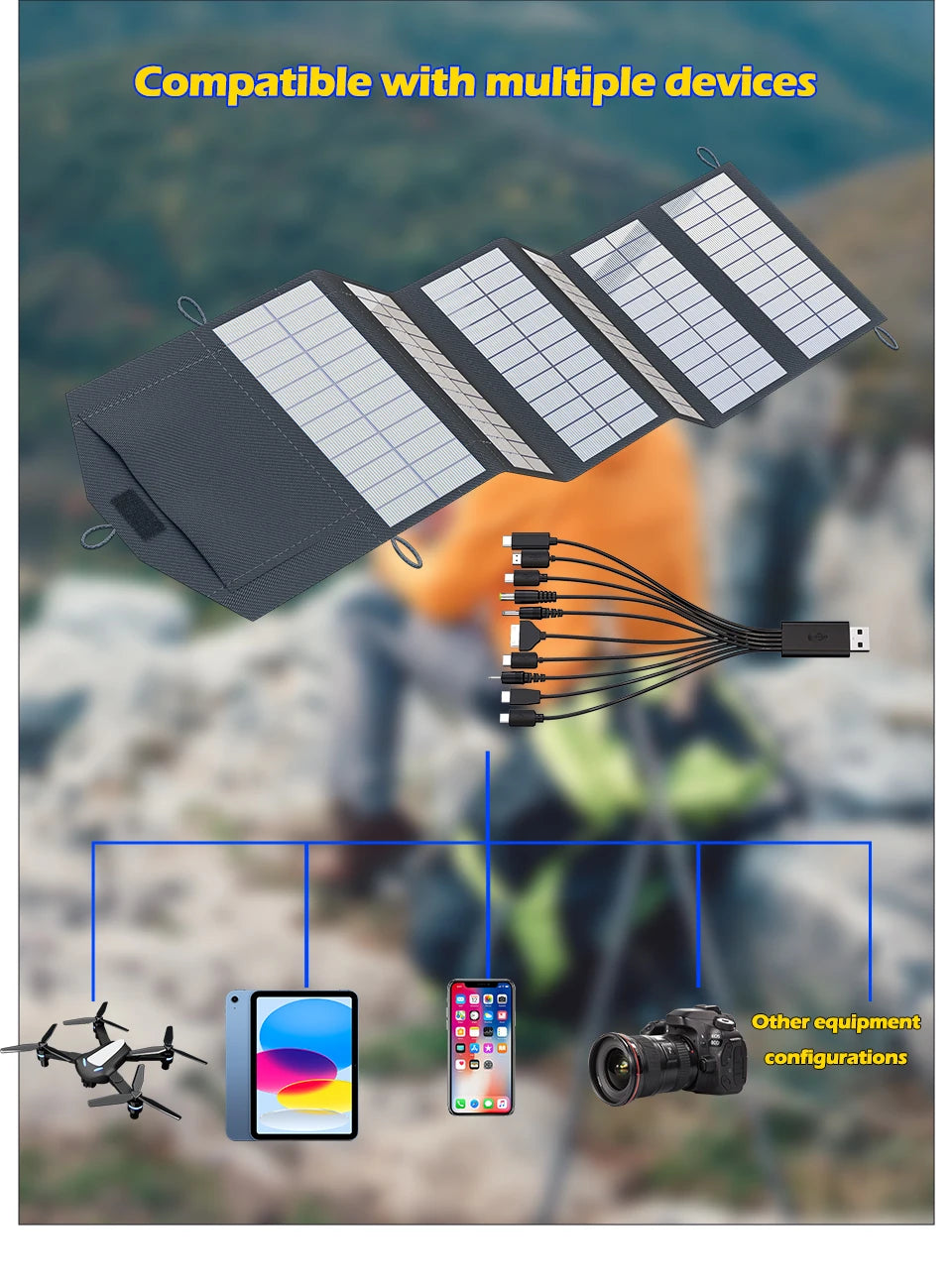 VaultHaus camping portable solar panel charger compatible with multiple devices including drones tablets smartphones and cameras
