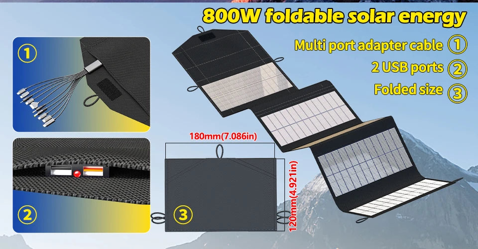 VaultHaus 800W foldable camping portable solar panel charger with multi port adapter and USB ports