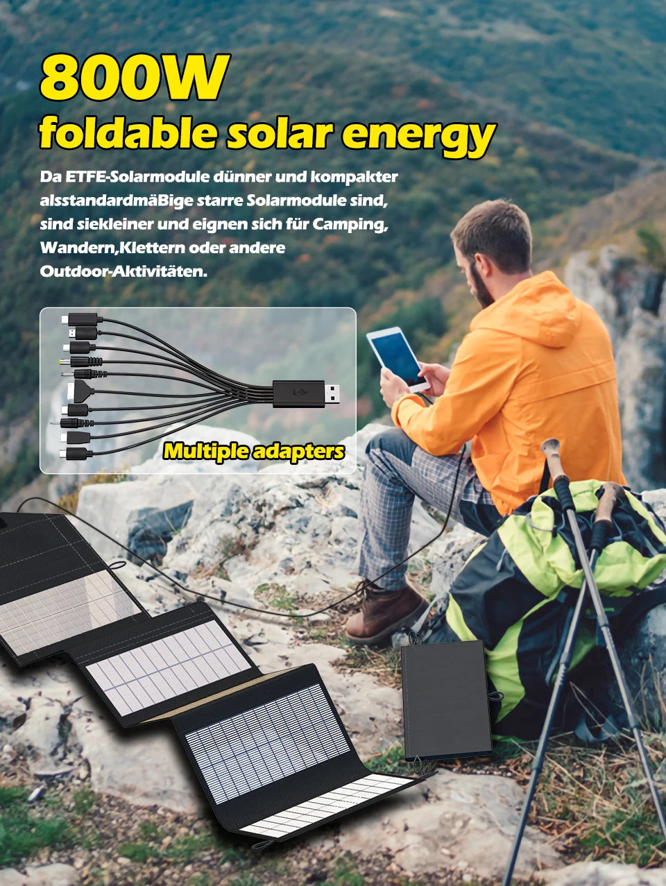 VaultHaus camping portable solar panel charger foldable 800W with multiple adapters in outdoor setting