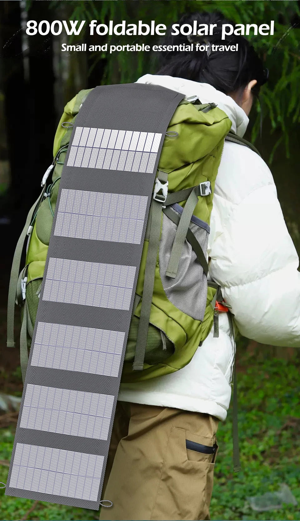 VaultHaus camping portable solar panel charger foldable 800W attached to green backpack for travel