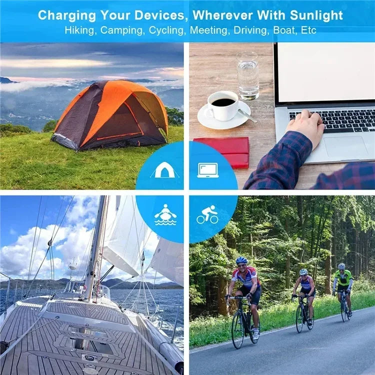 VaultHaus camping portable solar panel charger shown powering devices during hiking, cycling, sailing, and outdoor camping