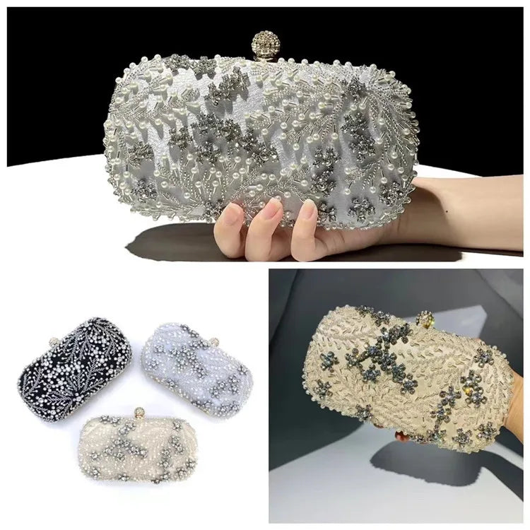 Pearl embellished evening clutch bag by VaultHaus in white and black with intricate beadwork and floral designs