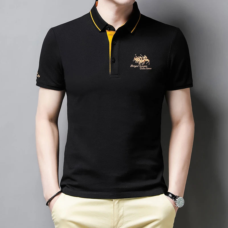 Stylish black VaultHaus comfortable men's polo top with yellow accents for casual occasions