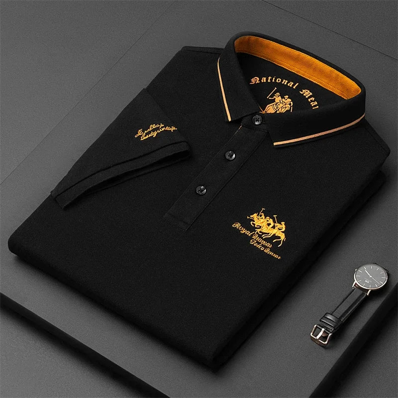 Stylish black comfortable men's polo top with contrasting collar and embroidered logo