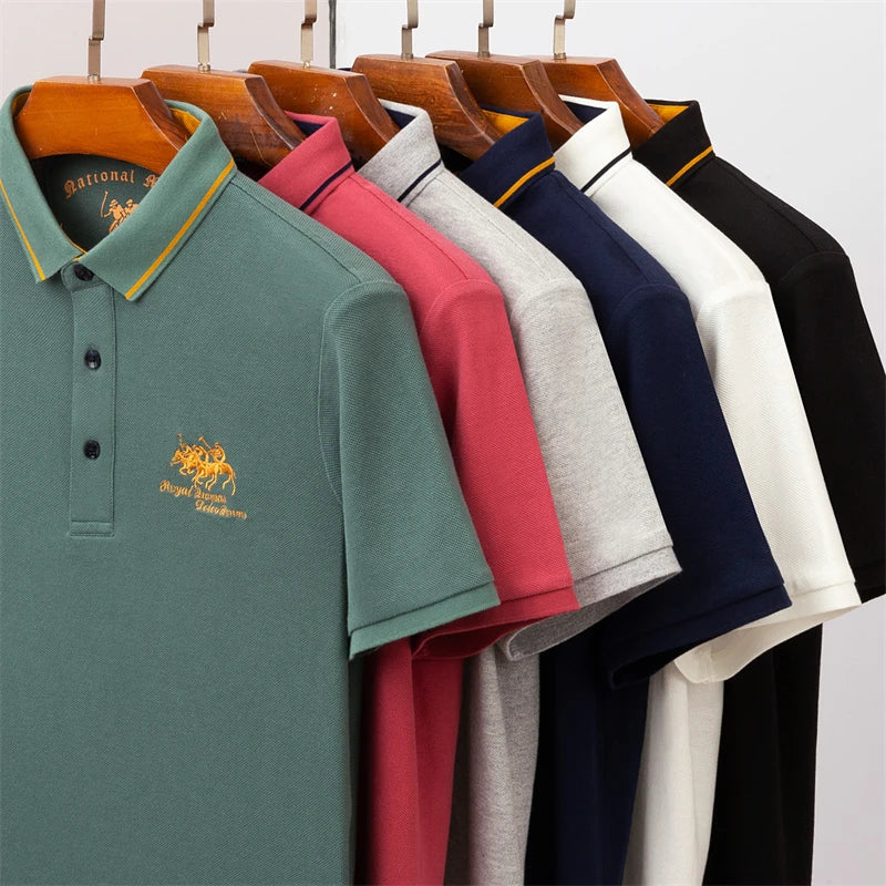 Variety of comfortable men's polo tops in multiple colors hanging on display for stylish casual wear