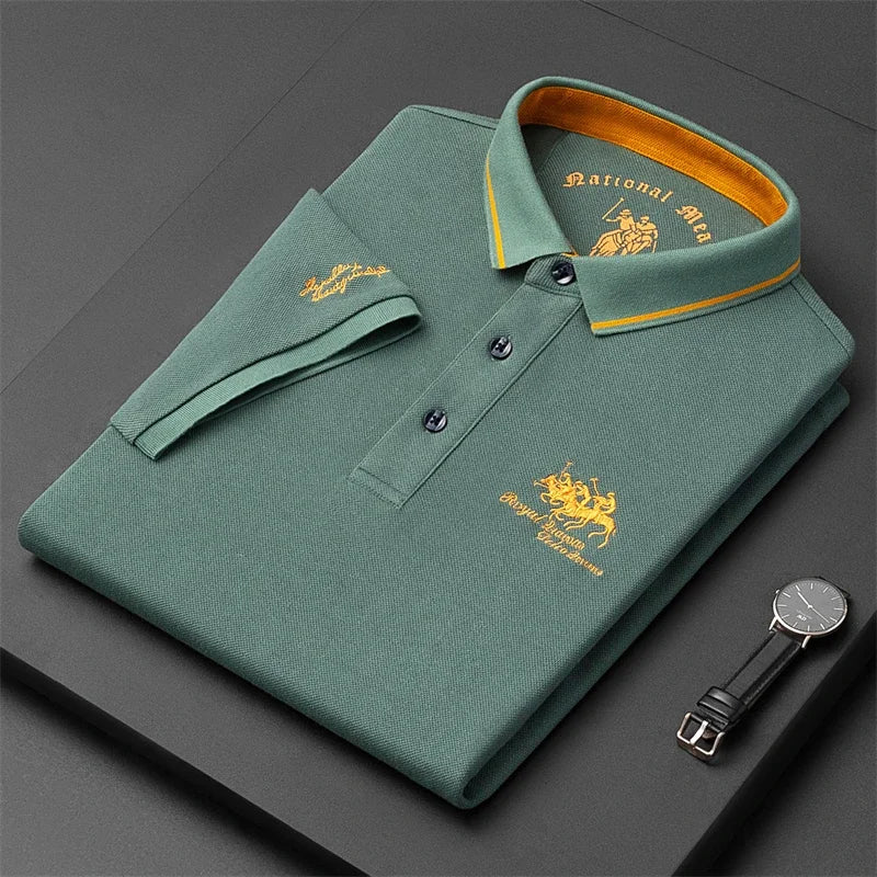 Stylish green comfortable men's polo top by VaultHaus with embroidered logo and contrasting collar
