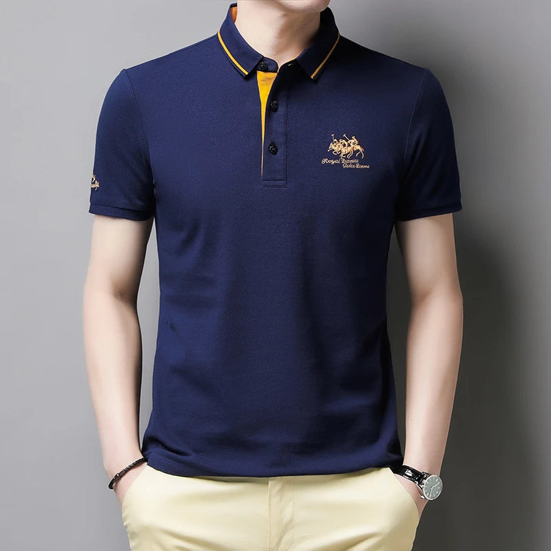 VaultHaus comfortable men's polo top in navy blue with stylish contrast collar and embroidered logo