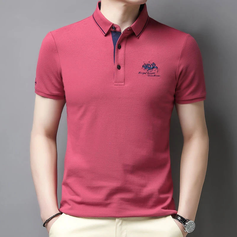 VaultHaus comfortable men's polo top in red with a classic fit and embroidered logo design