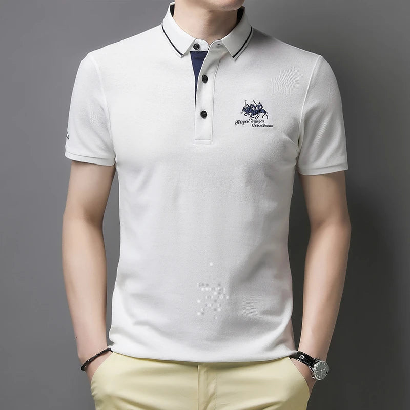 Stylish white comfortable men's polo top with short sleeves and logo detail from VaultHaus