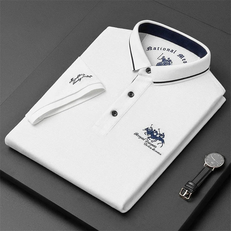 Stylish folded white shirt featuring logo, ideal as a comfortable men's polo top for casual wear